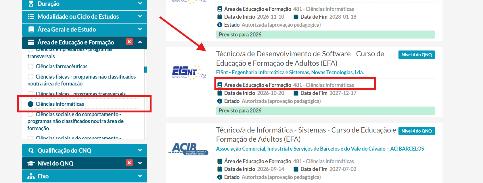 FAC - Consulta de area CNAEF - EXEMPLO